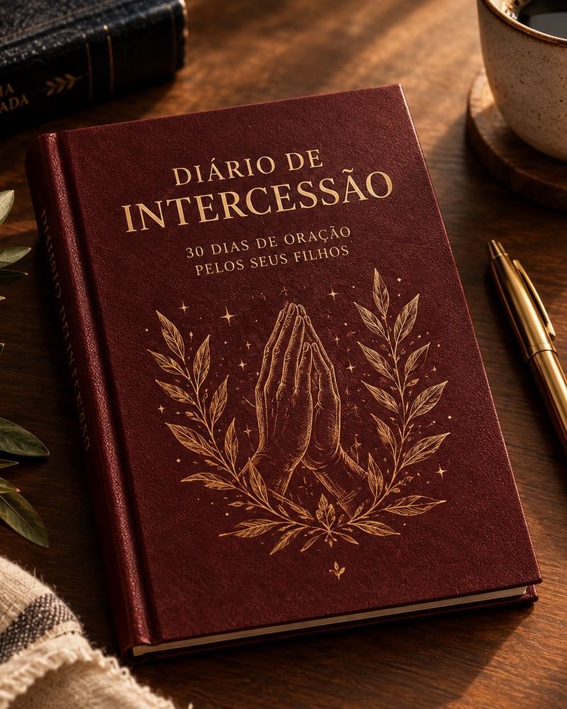 Diário de Intercessão com capa grená, mãos em oração e ramos de oliveira em dourado, sobre a mesa ao lado da Bíblia e de uma caneta dourada