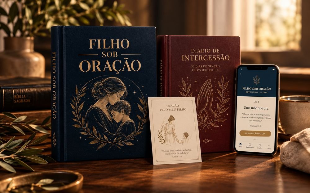 O que vem no Filho Sob Oração: o devocional, a oração do dia no celular, o Diário de Intercessão e o Cartão de Oração pelo Filho